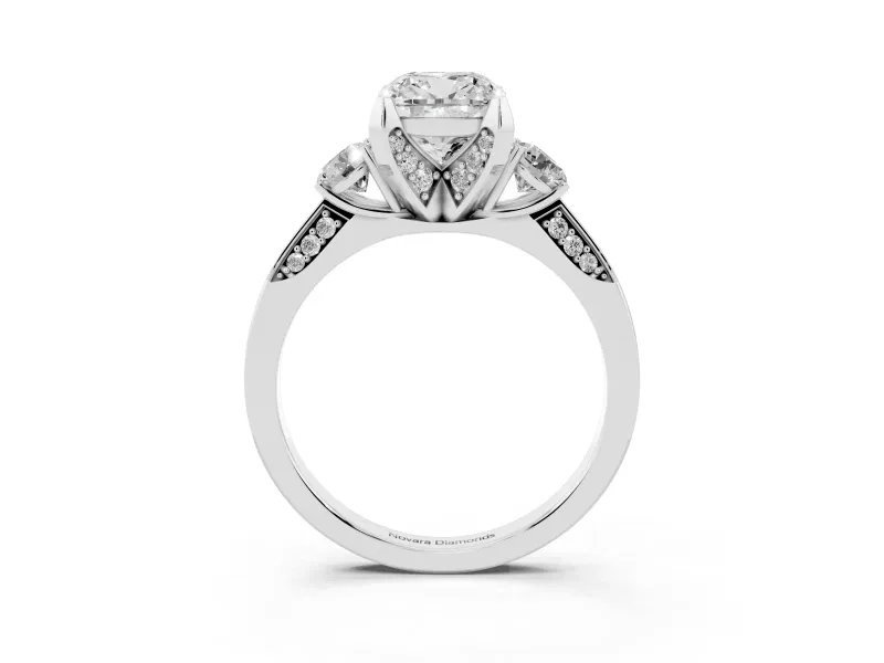 Cushion Cut Hidden Halo Three Stone Engagement Ring Setting | Pave Gallery | Platinum