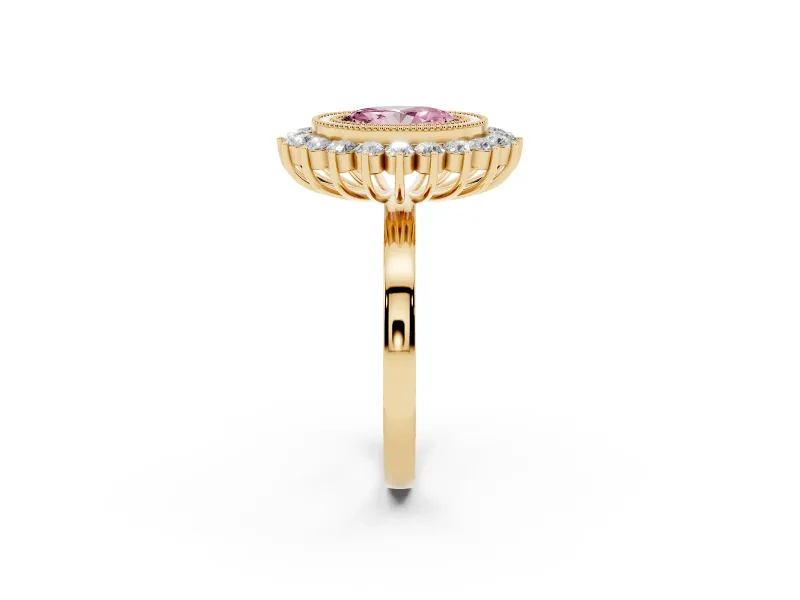 Fancy Pink Oval Cut Diamond Halo Ring Set in Yellow gold with Milgrain Edge and Round Prong Setting