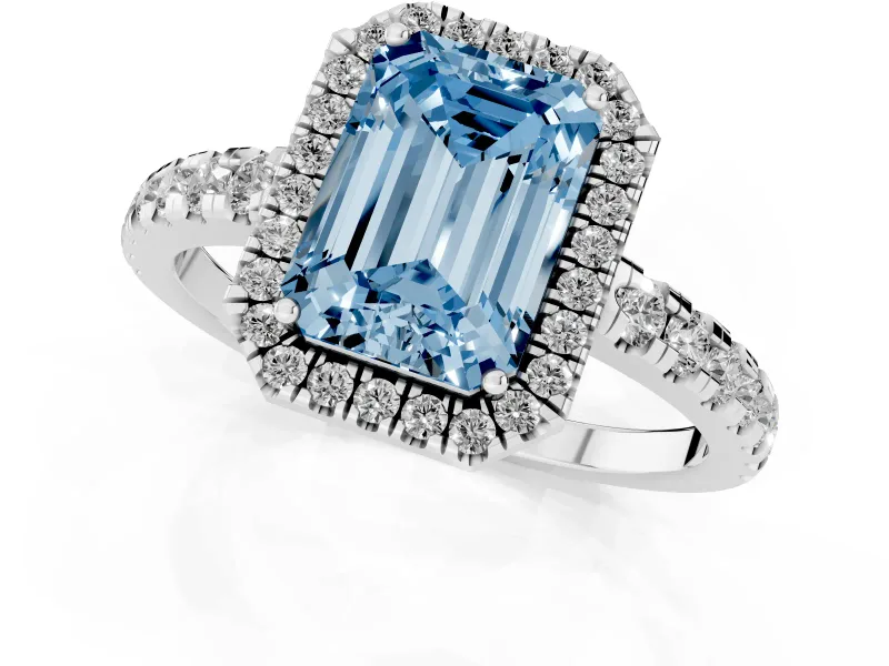 Fancy Blue Emerald Cut Diamond Halo Ring Set in Platinum with Delicate Pavé Band and Prong Setting