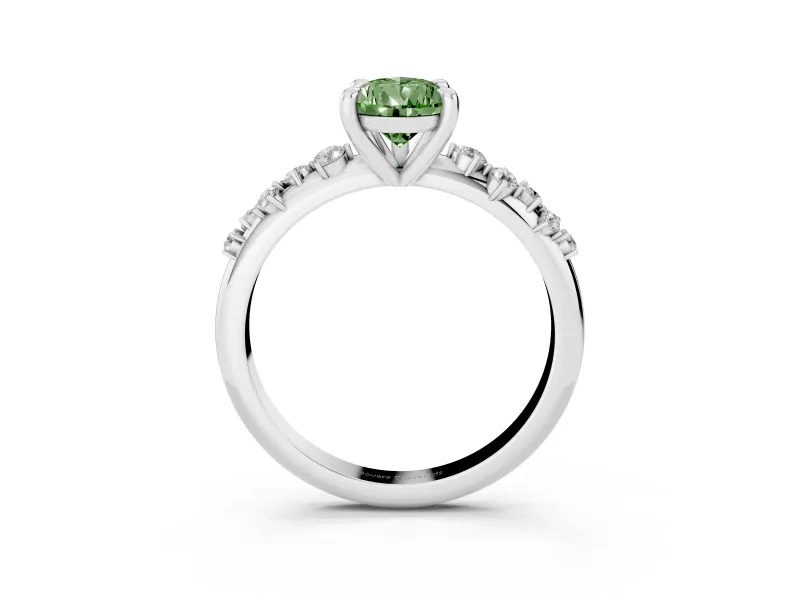 Fancy Green Pear Cut Diamond Solitaire Vine Band Ring Set in White gold with Round Accents and Prong Setting