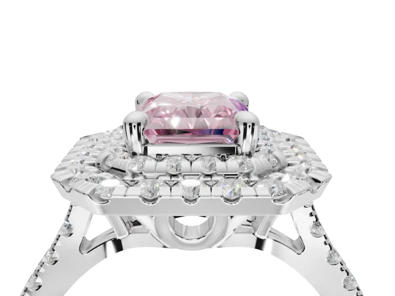Fancy Pink Radiant Cut Lab-Grown Diamond Double Halo Statement Ring Set in White Gold with Pavé Band