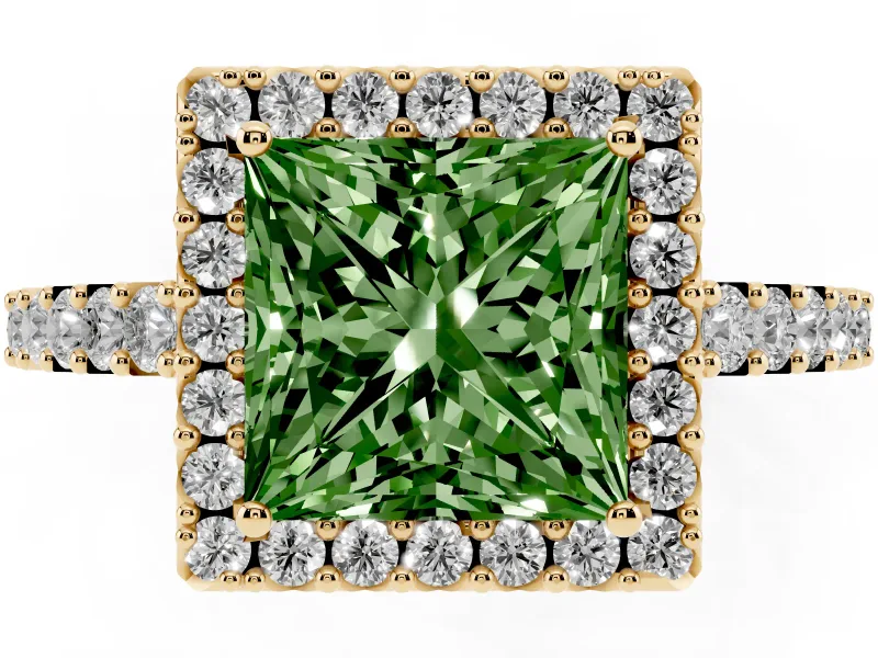 Princess Cut Halo Engagement Ring Setting for a Fancy Green Lab-Grown Diamond | Single Row Pavé Band | Yellow Gold
