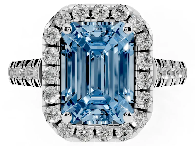 Emerald Cut Halo Engagement Ring Setting for a Fancy Blue Lab-Grown Diamond | Shared Prong Shoulders | Sterling Silver