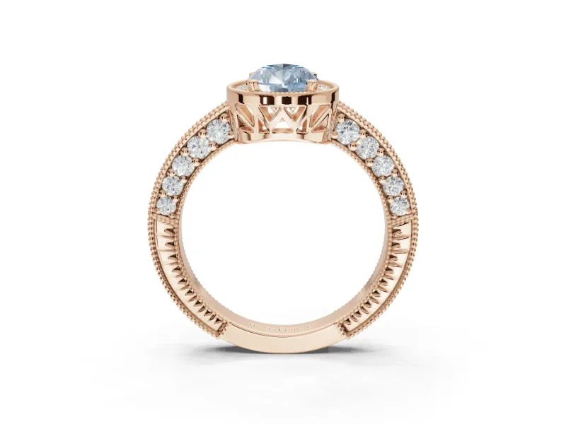 Pear-Shaped Milgrain Halo Engagement Ring Setting for a Fancy Blue Lab-Grown Diamond | Wide Pavé Band | Rose Gold