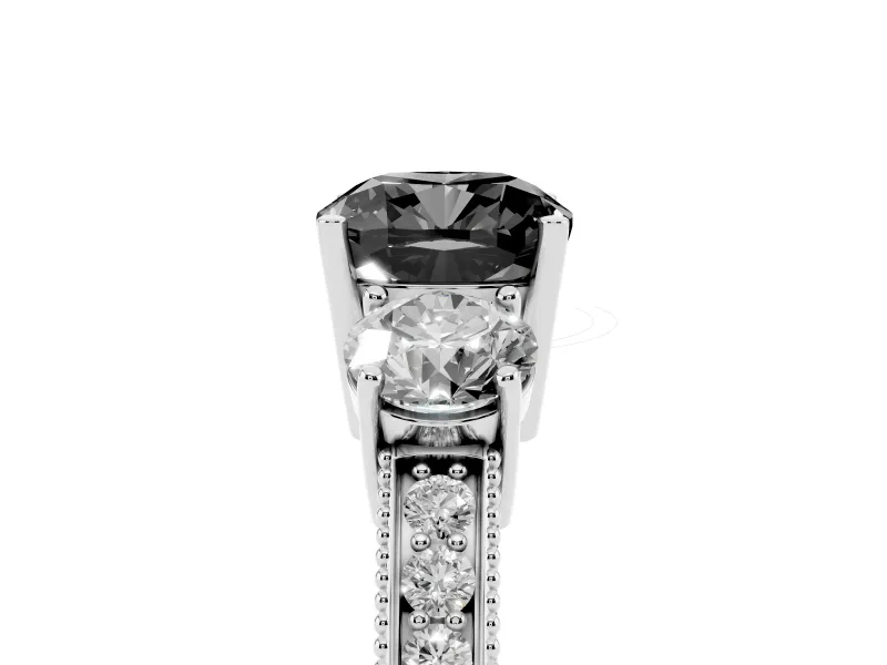 Fancy Black Cushion Cut Diamond Three-Stone Ring Set in Silver with Round Side Stones and Pavé Band