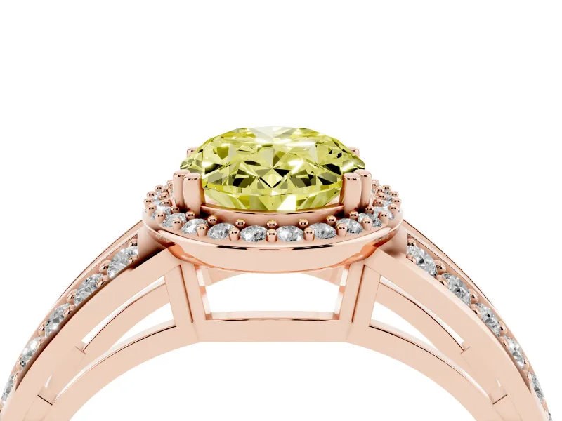 Fancy Yellow Oval Cut Diamond Halo Ring Set in Rose gold with Double Pavé Split Shank