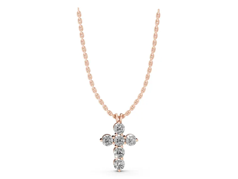 Round Lab-Grown Diamond Mini Cross Pendant Necklace | Individual Prongs | Rose Gold