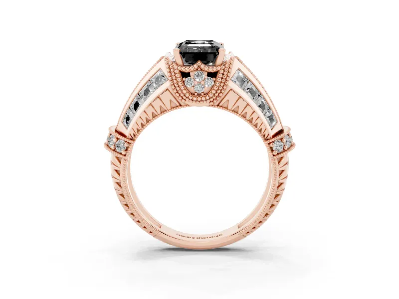 Fancy Black Emerald Cut Diamond Vintage-Inspired Milgrain Ring Set in Rose gold with Accent Split Shank