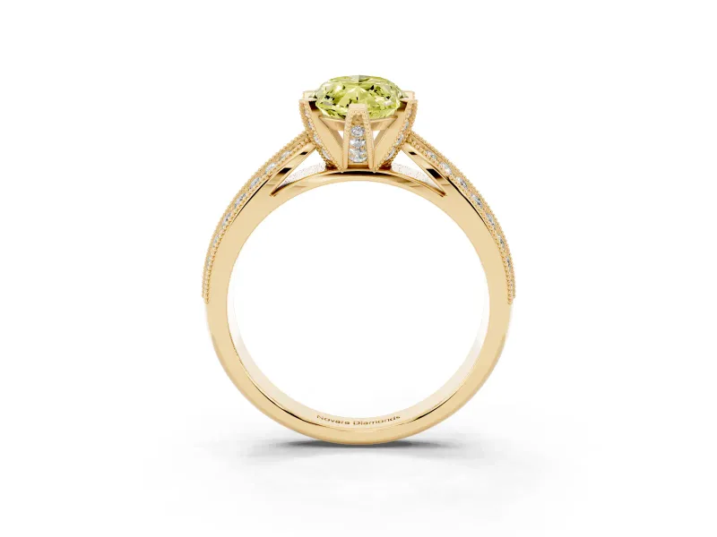 Fancy Yellow Marquise Cut Diamond Solitaire Ring Set in Yellow gold with Milgrain Double Row Round Pavé Band