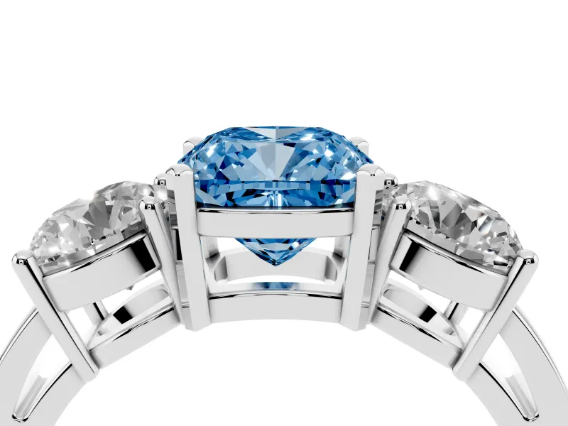 Cushion Cut Three Stone Engagement Ring Setting for a Fancy Blue Lab-Grown Diamond | Wide Plain Band | Sterling Silver