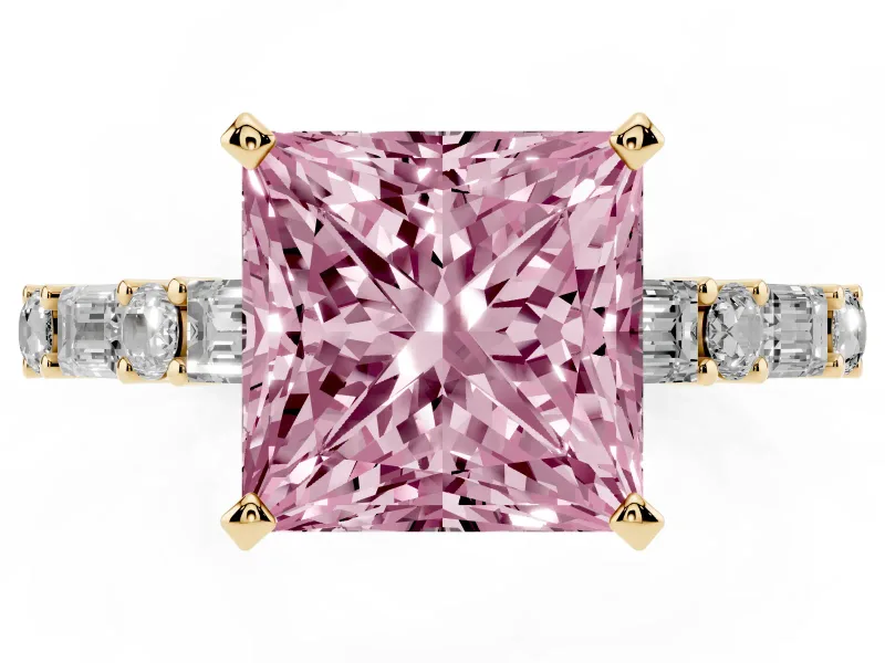 Fancy Pink Princess Cut Diamond Solitaire Set in Yellow gold with Side Baguettes and Channel Set Band