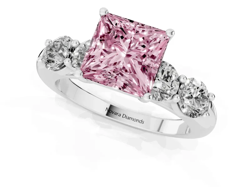 Princess Cut Five Stone Engagement Ring Setting for a Fancy Pink Lab-Grown Diamond | Prong Set Side Stones | White Gold