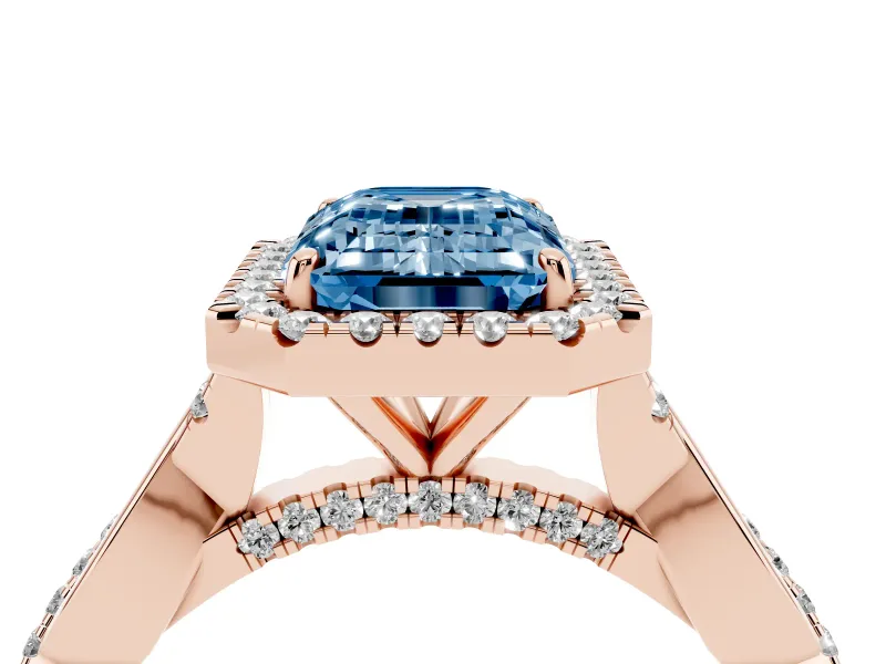 Emerald Cut Twist Halo Engagement Ring Setting for a Fancy Blue Lab-Grown Diamond | Rose Gold