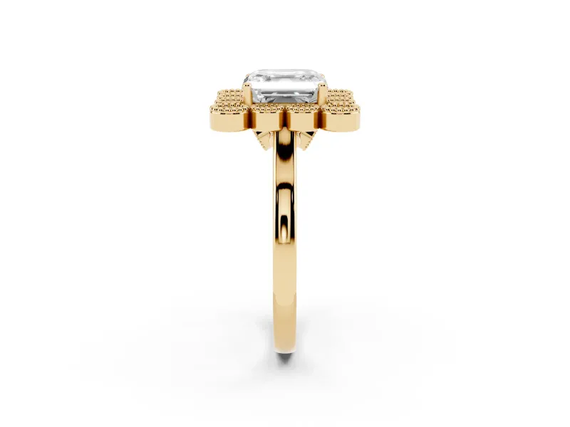 Asscher Cut Vintage Milgrain Bezel Cluster Halo Engagement Ring Setting | Plain Band | Yellow Gold