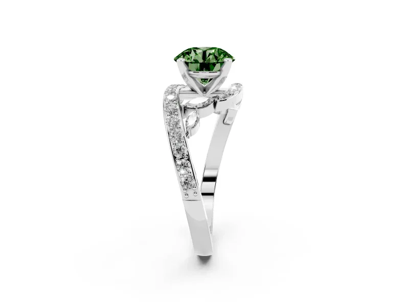 Fancy Green Round Cut Diamond Solitaire Ring Set in White gold with Pavé Twist Band and Secure Prong Setting