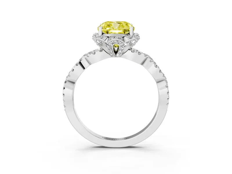 Fancy Yellow Cushion Cut Diamond Halo Twist Band Solitaire Ring Set in White gold with Prong-Set Center Stone