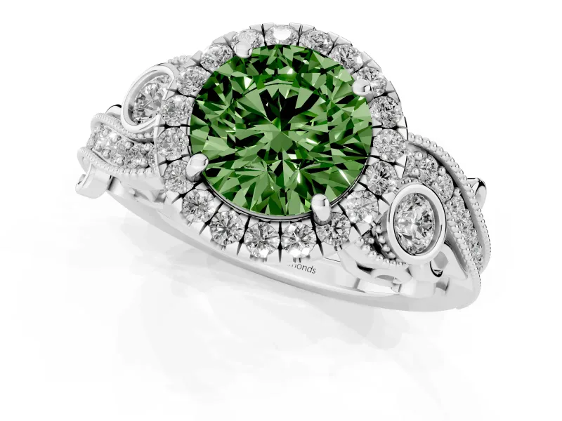 Fancy Green Round Cut Diamond Halo Ring Set in Silver with Milgrain Pavé Band and Prong Setting