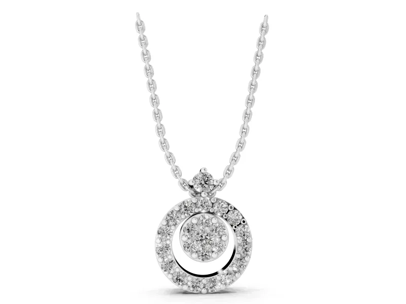 Round Lab-Grown Diamond Offset Cluster Circle Pendant | Pavé Outline | White Gold