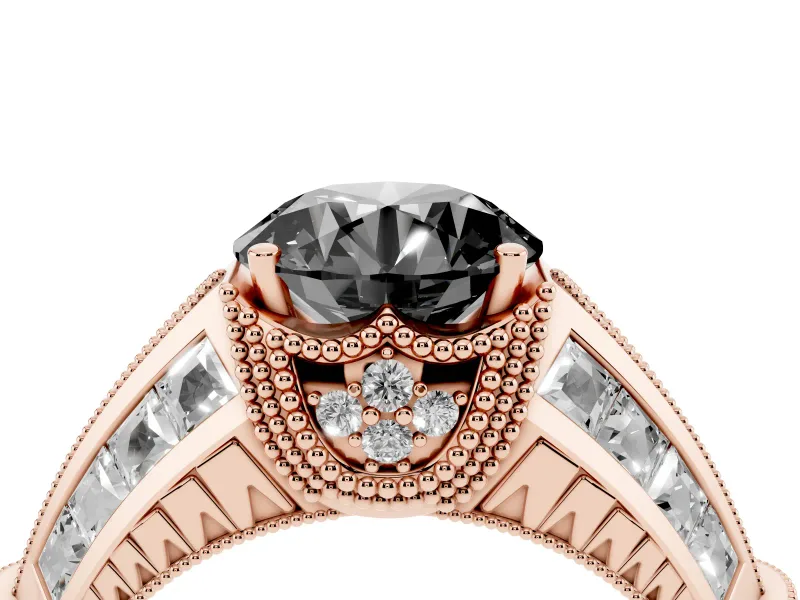Fancy Black Round Cut Diamond Vintage-Inspired Milgrain Ring Set in Rose gold with Accent Split Shank