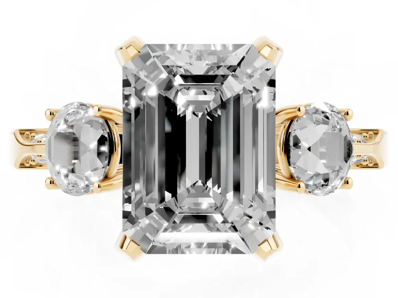 Emerald Cut Hidden Halo Three Stone Engagement Ring Setting for a Fancy Green Lab-Grown Diamond | Yellow Gold