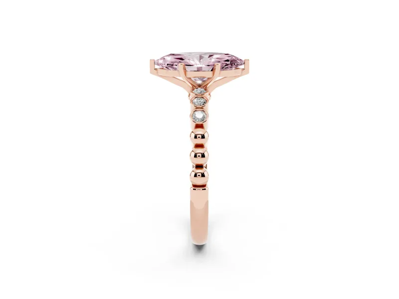 Fancy Pink Marquise Cut Diamond Solitaire Engagement Ring Set in Rose gold with Bezel Accents on Beaded Band