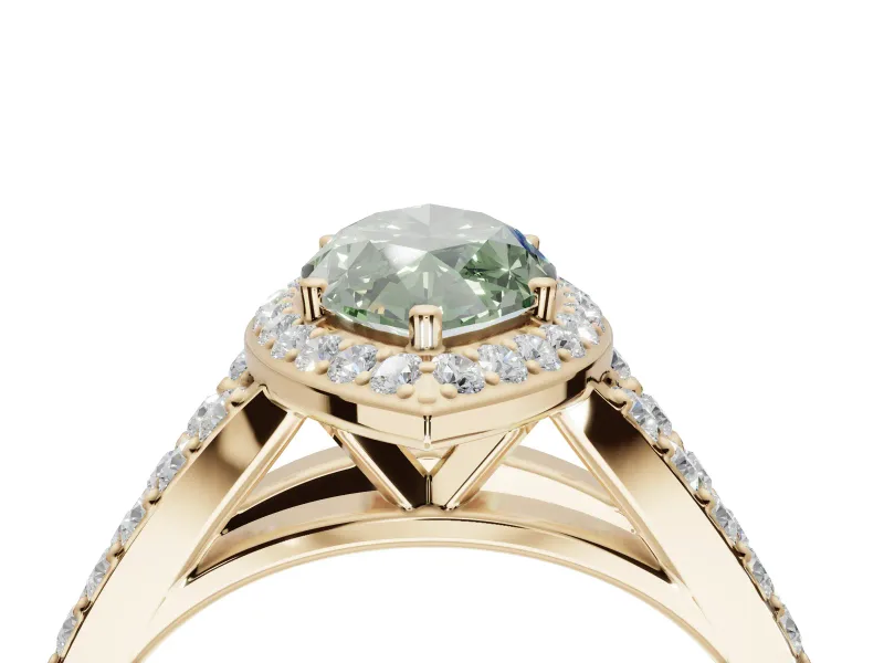 Marquise Halo Pavé Engagement Ring Setting for a Fancy Green Lab-Grown Diamond | Narrow Split Shank | Yellow Gold