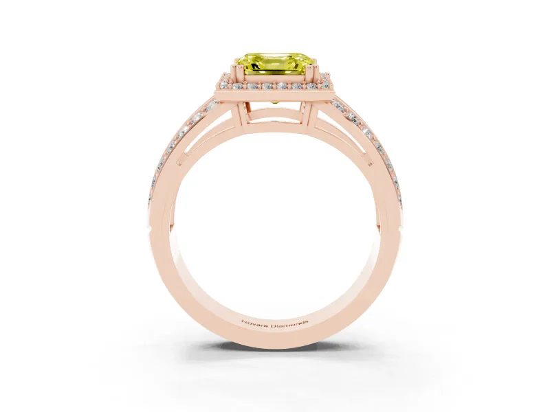 Asscher Cut Halo Engagement Ring Setting for a Fancy Yellow Lab-Grown Diamond | Two-Row Pave Split Shank | Rose Gold