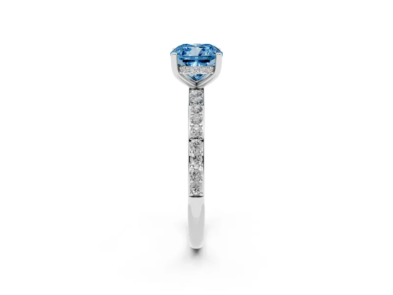 Fancy Blue Cushion Cut Diamond Pavé Band Ring Set in Platinum with Prong-Set Center Stone