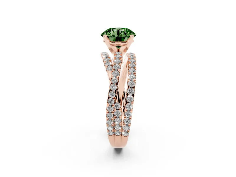 Fancy Green Round Cut Diamond Solitaire Twist Band Ring Set in Rose gold with Pavé Setting and Prong Head