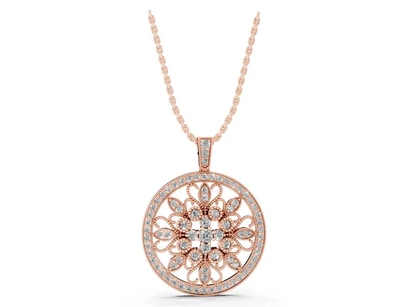 Round Lab-Grown Diamond Floral Filigree Pendant Necklace | Pavé Frame | Rose Gold