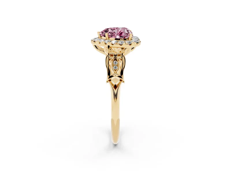 Fancy Pink Heart Cut Diamond Halo Engagement Ring Set in Yellow gold with Filigree Band and Prong-Set Center