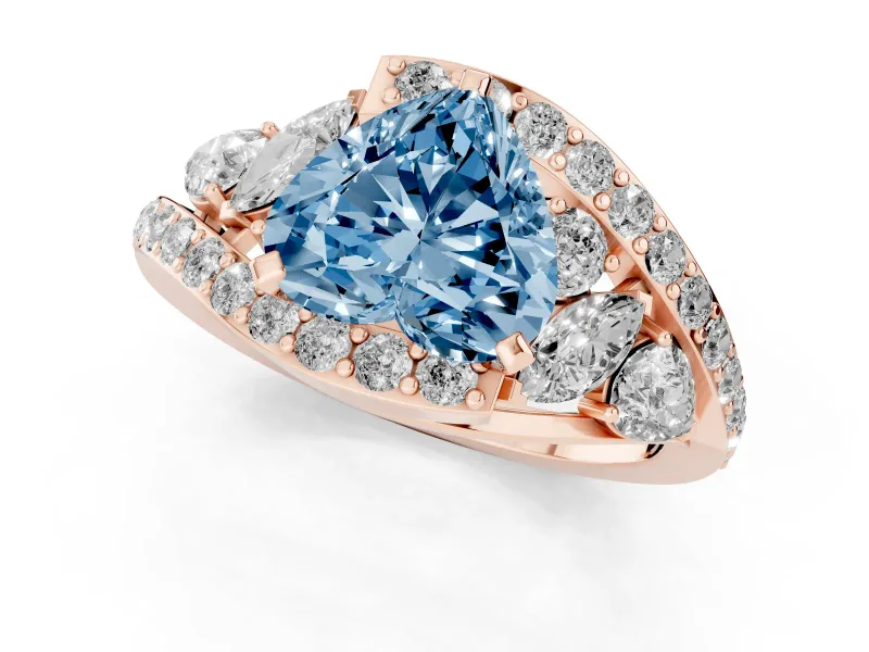 Fancy Blue Heart Cut Diamond Halo Ring Set in Rose gold with Marquise and Pavé Band in Prong Setting
