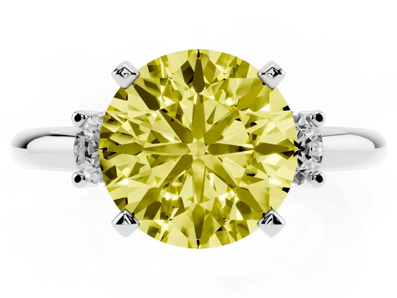 Fancy Yellow Three-Stone Round Cut Diamond Ring Set in White gold with Prong Setting and Plain Band