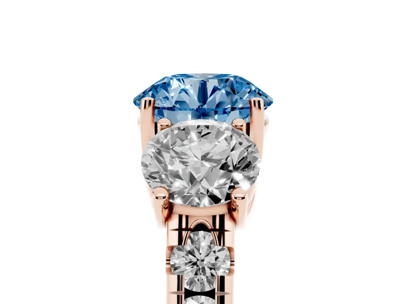 Round Three Stone Engagement Ring Setting for a Fancy Blue Lab-Grown Diamond | Accented Shoulders | Rose Gold