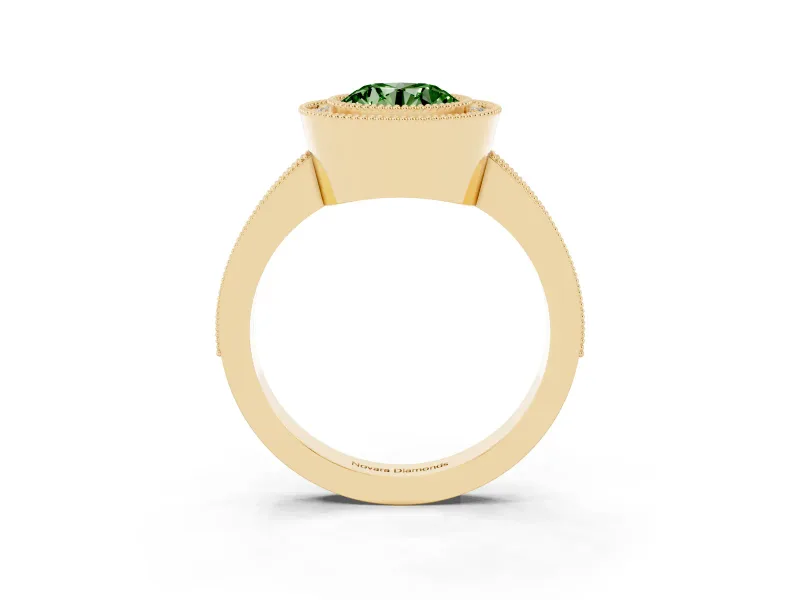Fancy Green Round Cut Diamond Halo Engagement Ring Set in Yellow gold with Pavé Band and Round Halo Stones