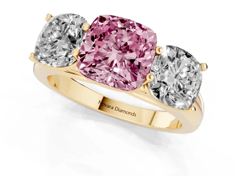 Cushion Cut Three Stone Engagement Ring Setting for a Fancy Pink Lab-Grown Diamond | Basket Prong Heads | Yellow Gold