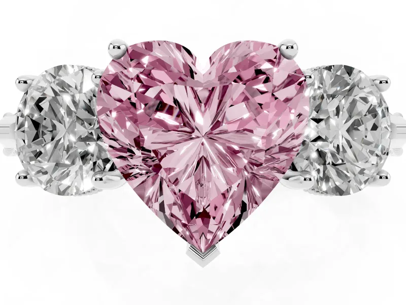 Fancy Pink Heart Cut Diamond Three-Stone Ring Set in Silver with Milgrain Band