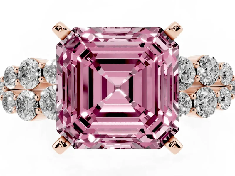 Asscher Cut Side Stone Engagement Ring Setting for a Fancy Pink Lab-Grown Diamond | Shoulder Clusters | Rose Gold