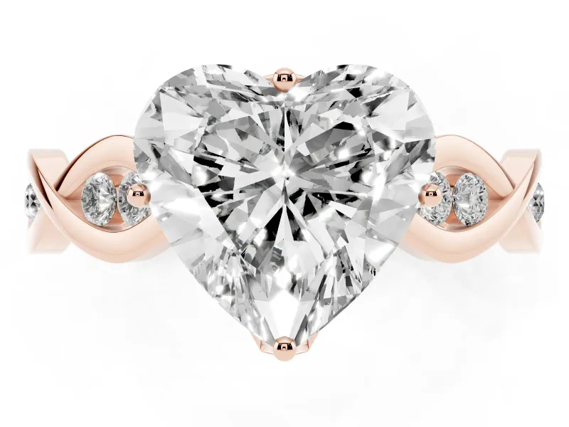 Heart Cut Diamond Twist Band Solitaire Ring Set in Rose gold with Leaf Prong Setting and Accent Stones