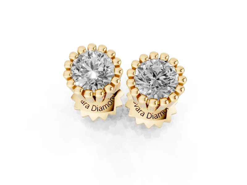 Round Lab-Grown Diamond Scalloped Solitaire Stud Earrings | Beaded Crown Head | Yellow Gold