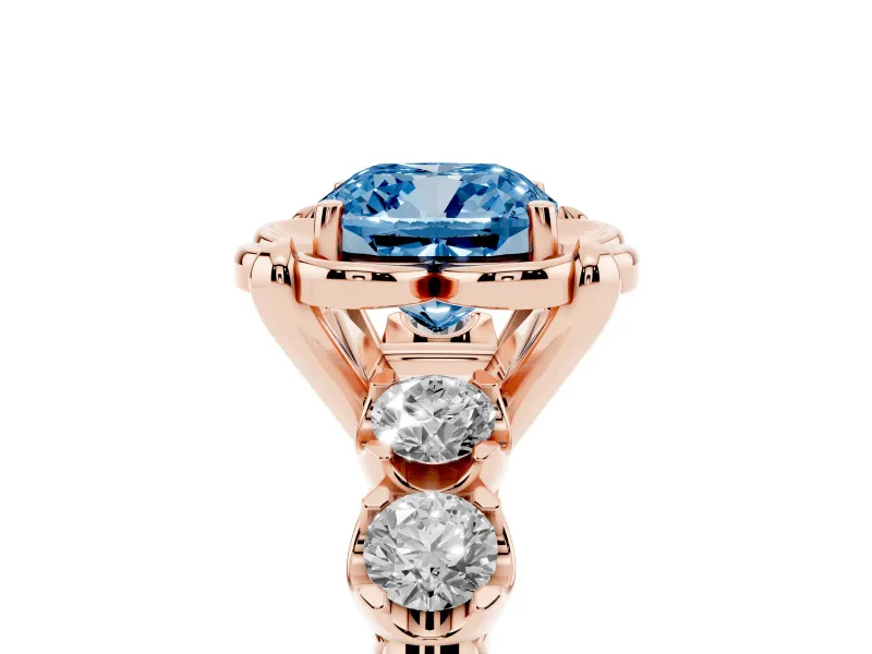 Cushion Cut Floral Engagement Ring Setting for a Fancy Blue Lab-Grown Diamond | Petal Frame and Side Stones | Rose Gold