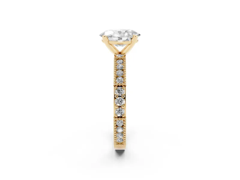 Oval Cut Diamond Solitaire Ring Set in Yellow gold with Slim Pavé Band and Prong Setting