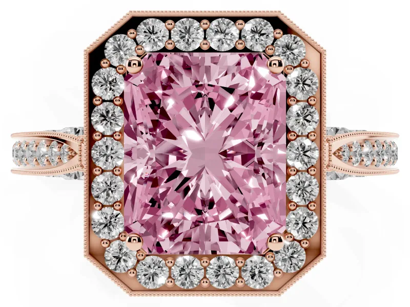 Radiant Cut Milgrain Halo Engagement Ring Setting for a Fancy Pink Lab-Grown Diamond | Side Stones | Rose Gold