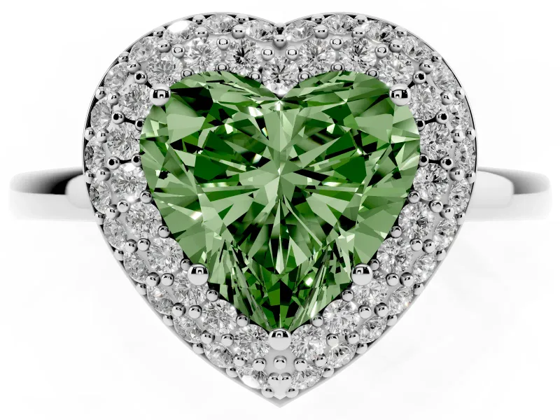 Fancy Green Heart Cut Diamond Halo Engagement Ring Set in Silver with Solitaire Band and Prong Setting