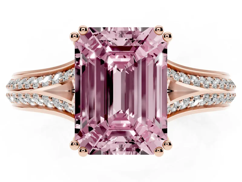 Emerald Cut Pave Split Shank Engagement Ring Setting for a Fancy Pink Lab-Grown Diamond | Double Claw Prongs | Rose Gold