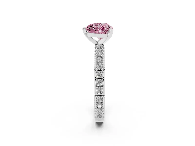 Fancy Pink Heart Cut Diamond Solitaire Ring Set in Platinum with Slim Pavé Band and Prong Setting