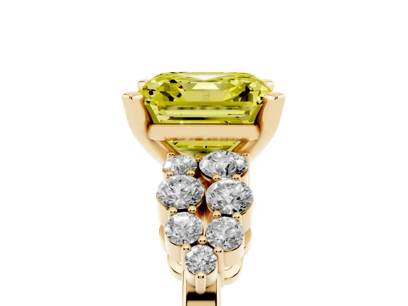 Asscher Cut Side Stone Engagement Ring Setting for a Fancy Yellow Lab-Grown Diamond | Shoulder Clusters | Yellow Gold