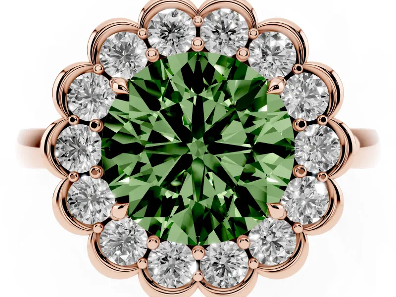 Round Scalloped Cluster Halo Engagement Ring Setting for a Fancy Green Lab-Grown Diamond | Plain Band | Rose Gold