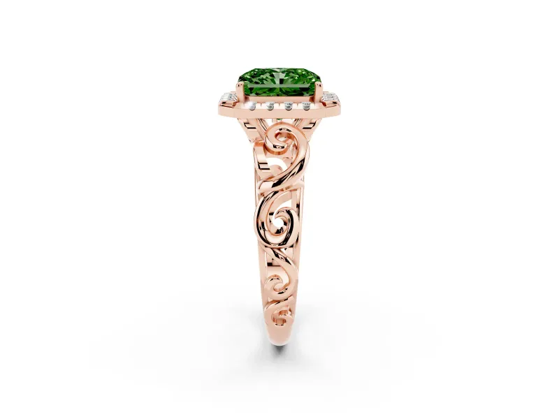 Fancy Green Radiant Cut Diamond Halo Ring Set in Rose gold with Scrollwork Band and Prong Setting