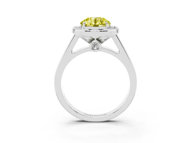 Fancy Yellow Round Cut Diamond Halo Solitaire Ring Set in White gold with Pavé Band and Bezel Setting